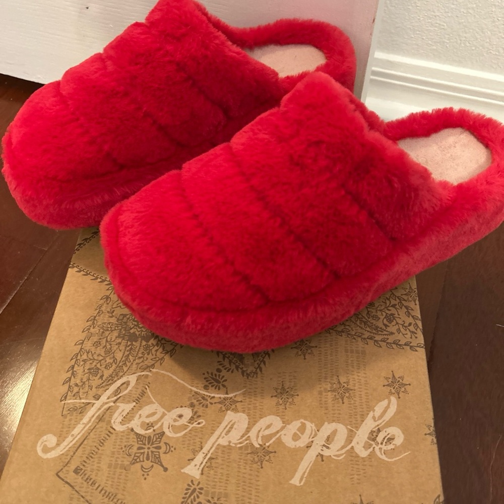 Free People Vibrant Red Plush Slippers